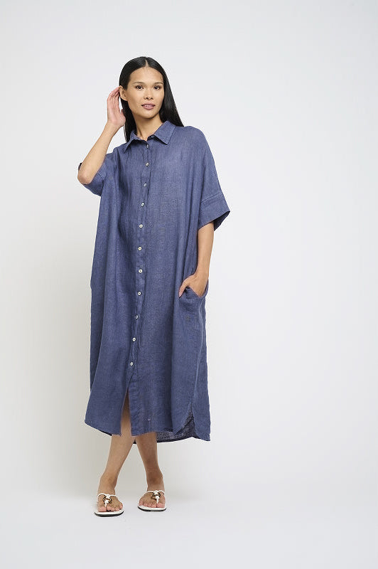 Maxi Linen Shirt Dress I Navy