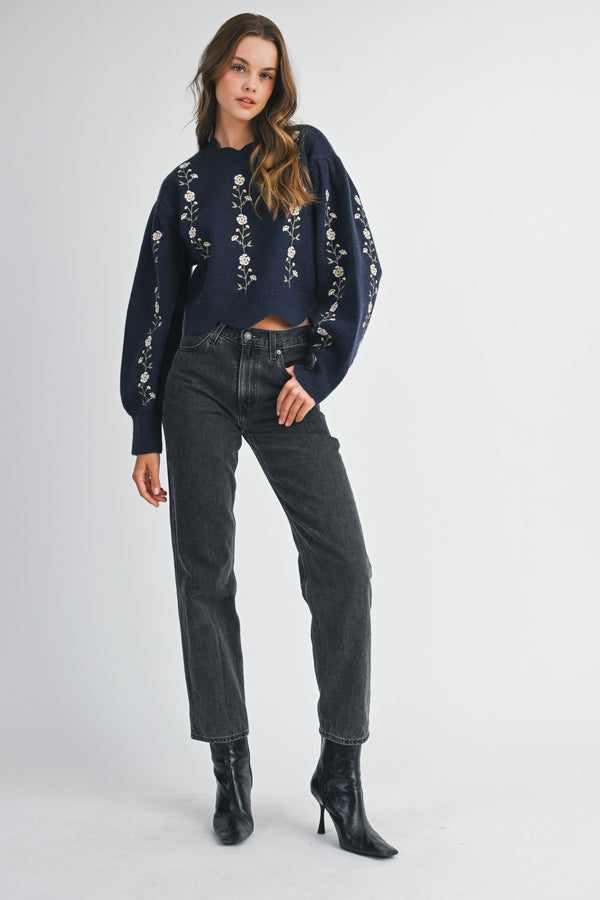 Bloom Embroidered Pullover I Navy