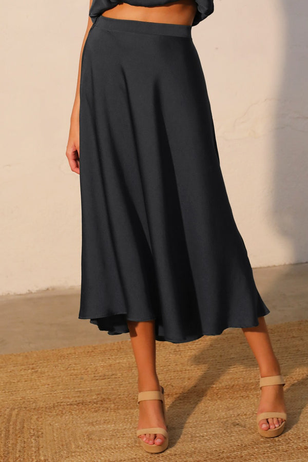 Satin Midi Skirt I Black