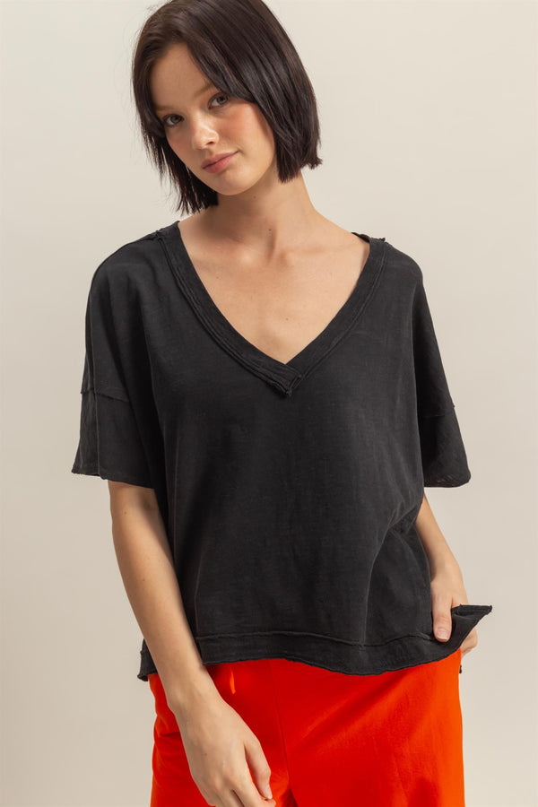 Raw Edge V-neck Tee I Black
