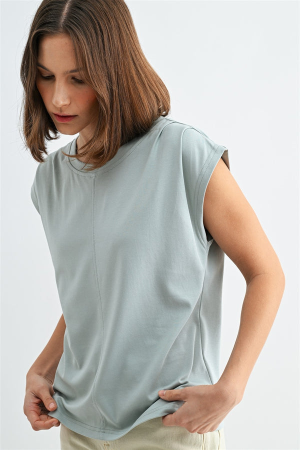 Pleated Shoulder Tee I Sage Green