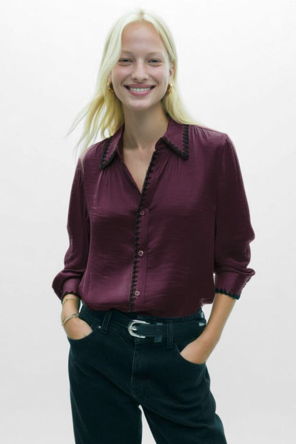 Silky Whipstitch Blouse I Wine
