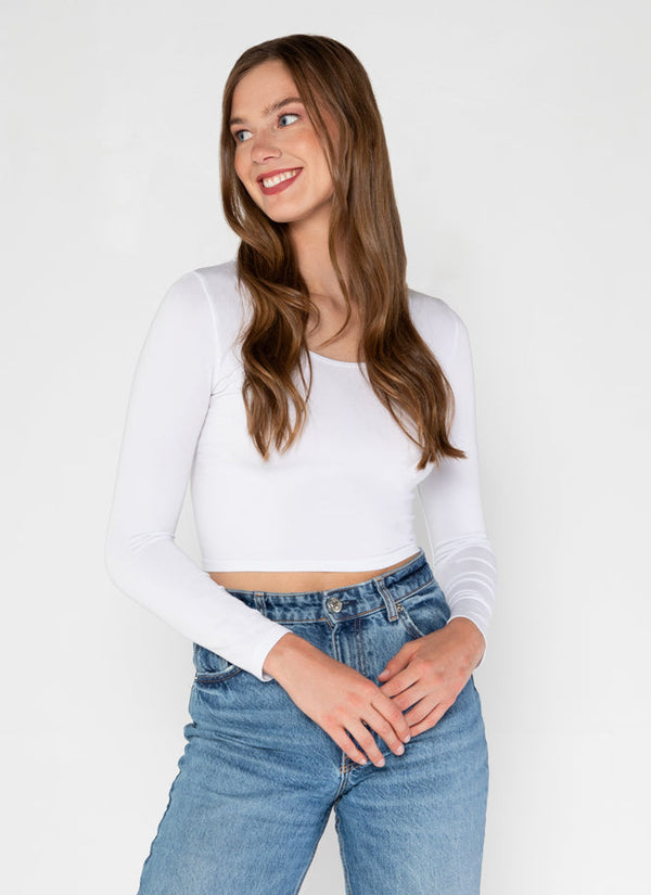 Bamboo L/S Crop Scoop Neck Top | White